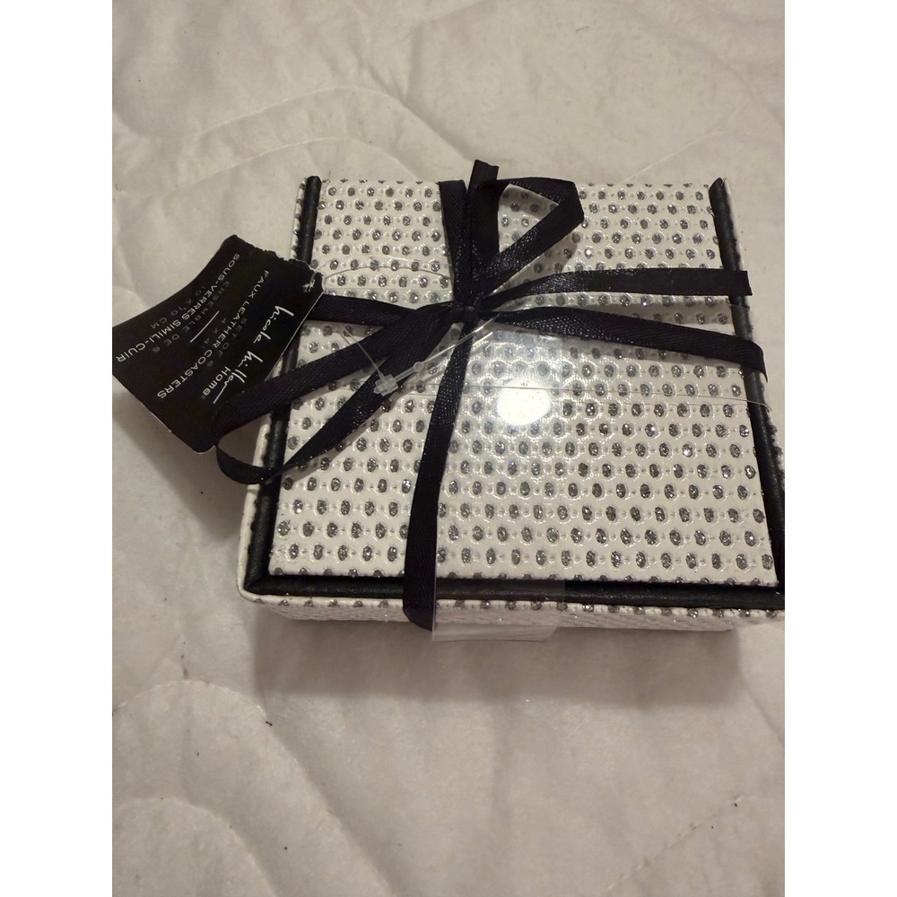 Nicole Miller Home Faux Leather Coasters Set of 6 White Silver Glitter Polka Dot